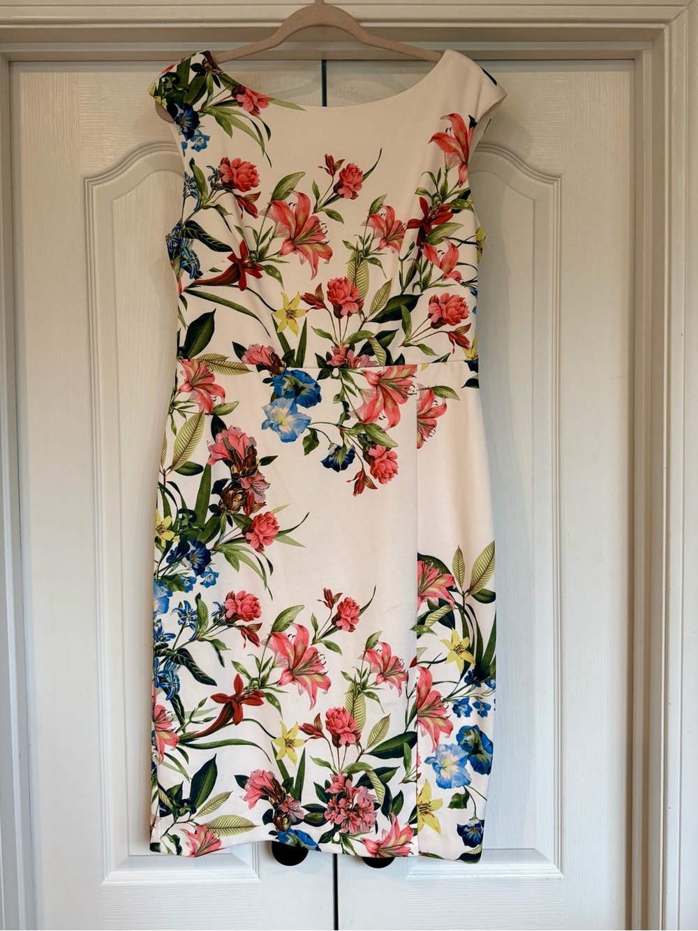 Eliza J White Floral Sheath Midi Dress with Pink, Blue & Green Print